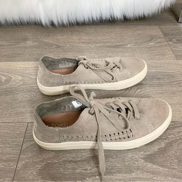 Toms Lenox Sneakers Shoes Lace Up Suede Woven Panel Desert Grey Women Size 6 - Picture 6 of 16